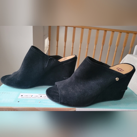 UGG Shoes - UGG Black Suede Wedge Peep-Toe Mules
